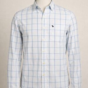 Abercrombie & Fitch White and Light Blue Windowpane Button-Down Shirt Muscle Fit